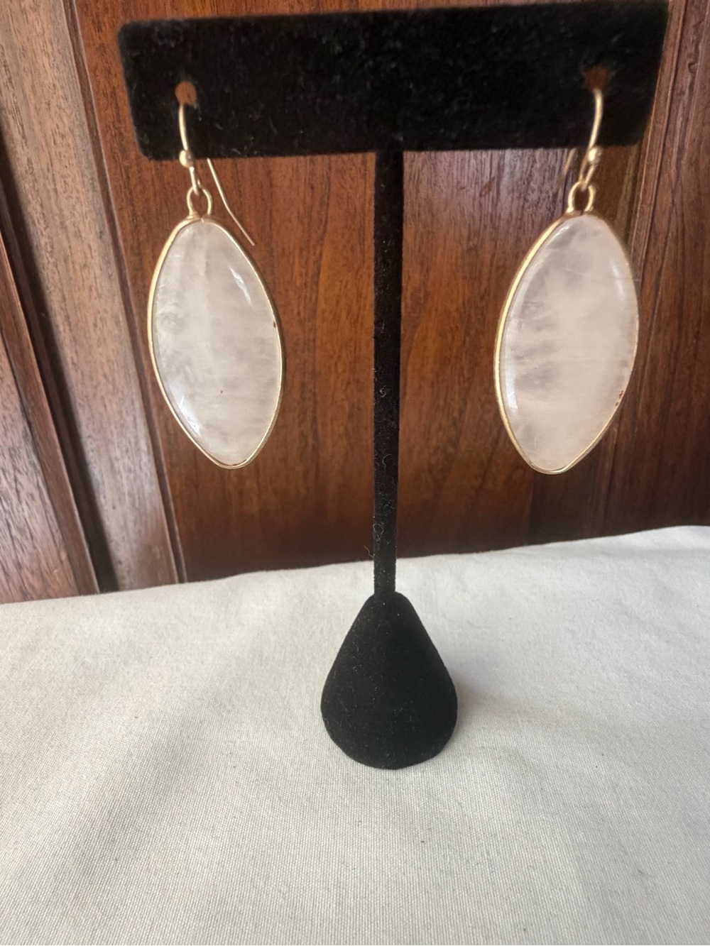 Pale Pink Rose Quartz Look Marquise Drop Earrings Gold Tone